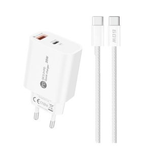 A6MaxL 20W zidni punjač s USB-A i USB-C + USB-C – USB-C kabel 1 m – bijeli